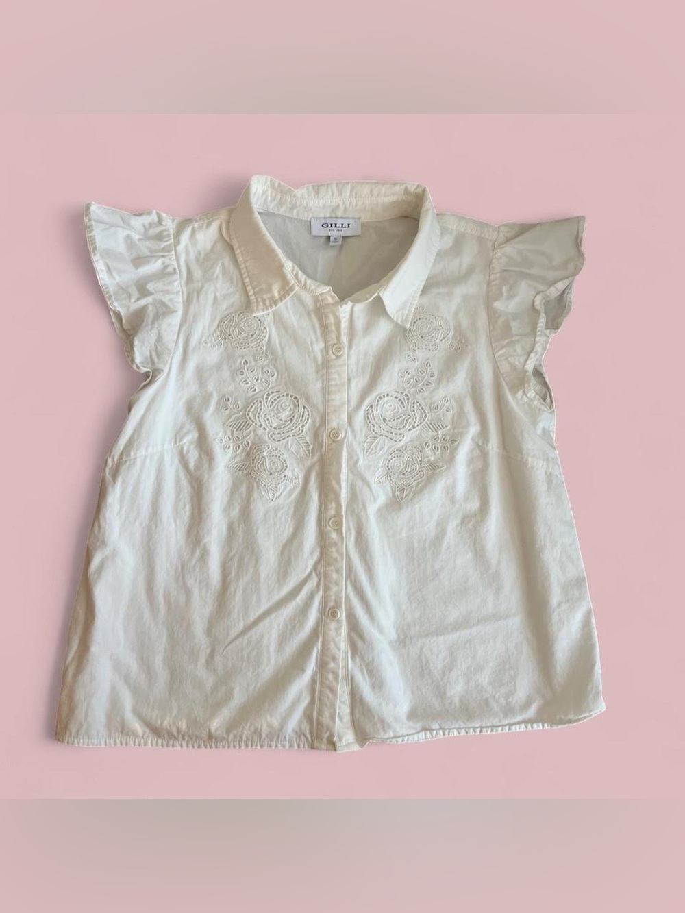 Coquette 2000s White Ruffle floral embroidered Button Up Collar Blouse Gilli